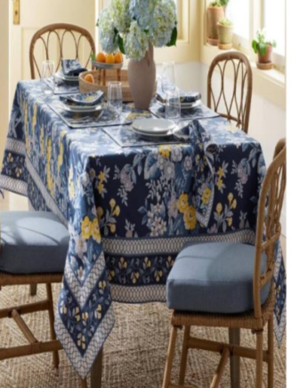 The Company Store Palmeros Floral Tablecloth Blue Yellow 70 x 120